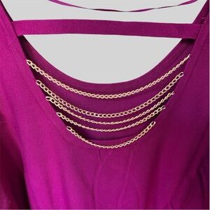 Thalia Sodi Berry Color Cold Shoulder Sweater with Gold Chain Detail at Back